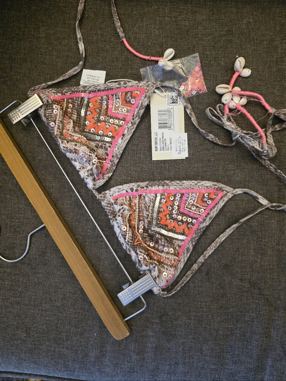 Ramy BROOK Python Snake Print Embroider Embellished Bikini Top In Neuco Size L - Picture 2 of 6
